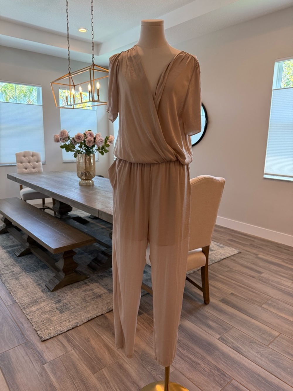 KLD Beige V-Neck Tie-Waist Women’s Jumpsuit - Stunning, Like new!